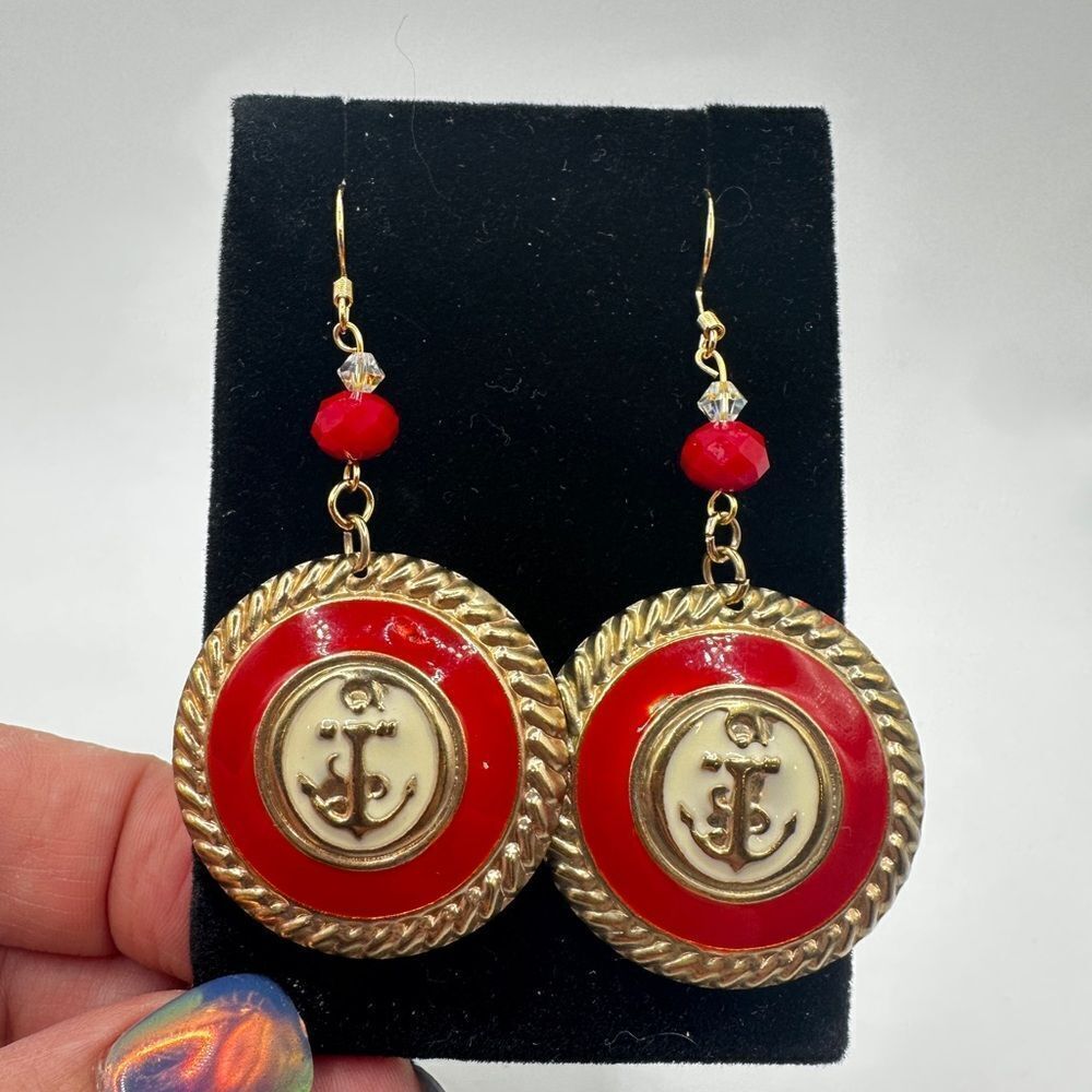 3" long red‎ enamel Anchor with crystal accent beads and gold over 925 hooks!